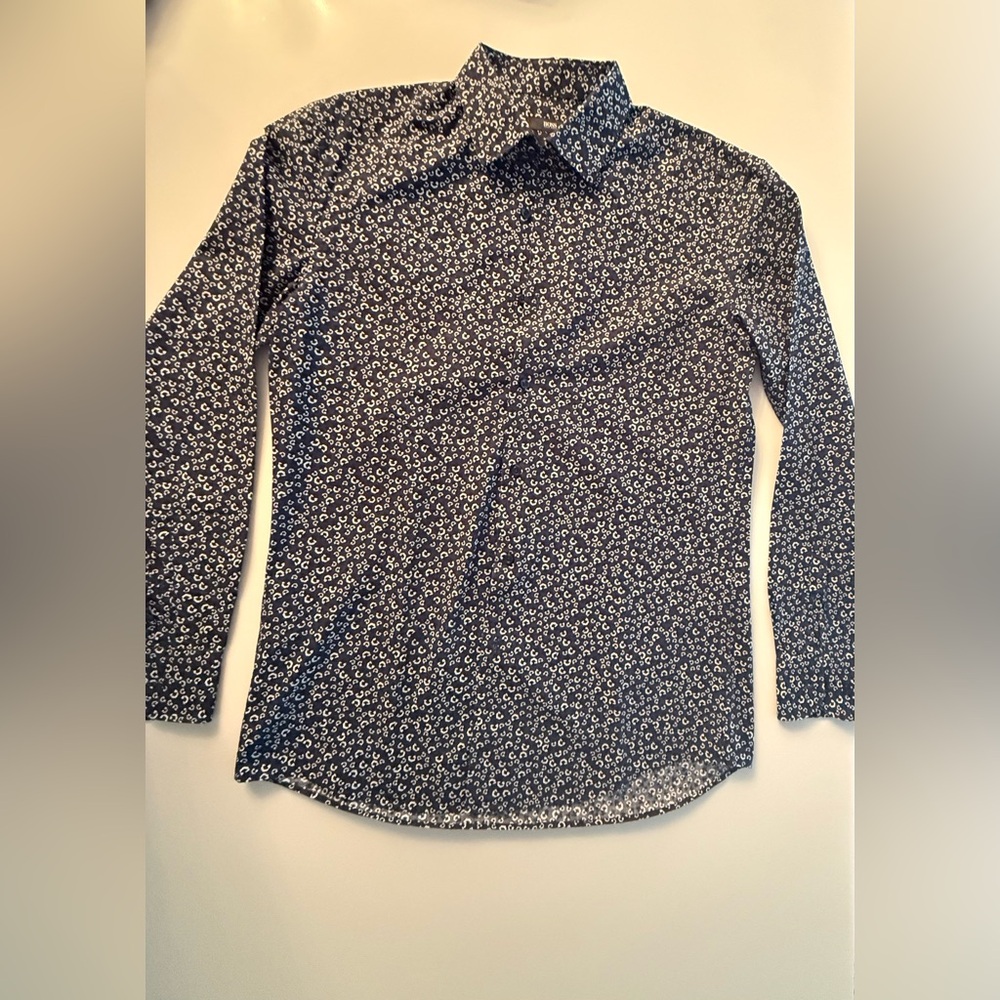 Hugo Boss Navy and White Patterned Men's Shirt 41 L 16